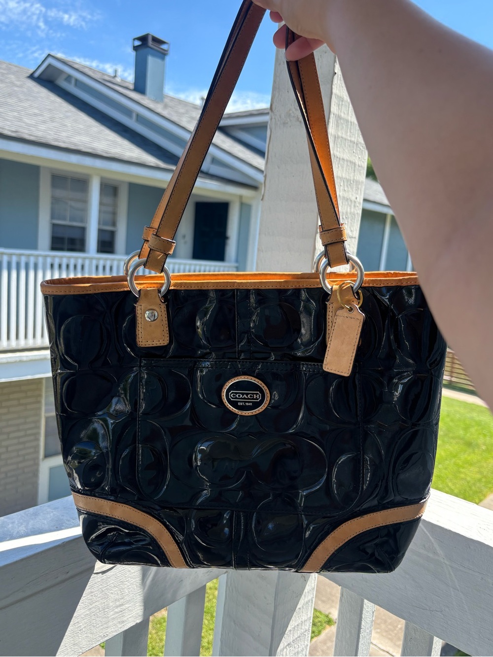 COACH Black Patent Leather Tote with Tan Trim